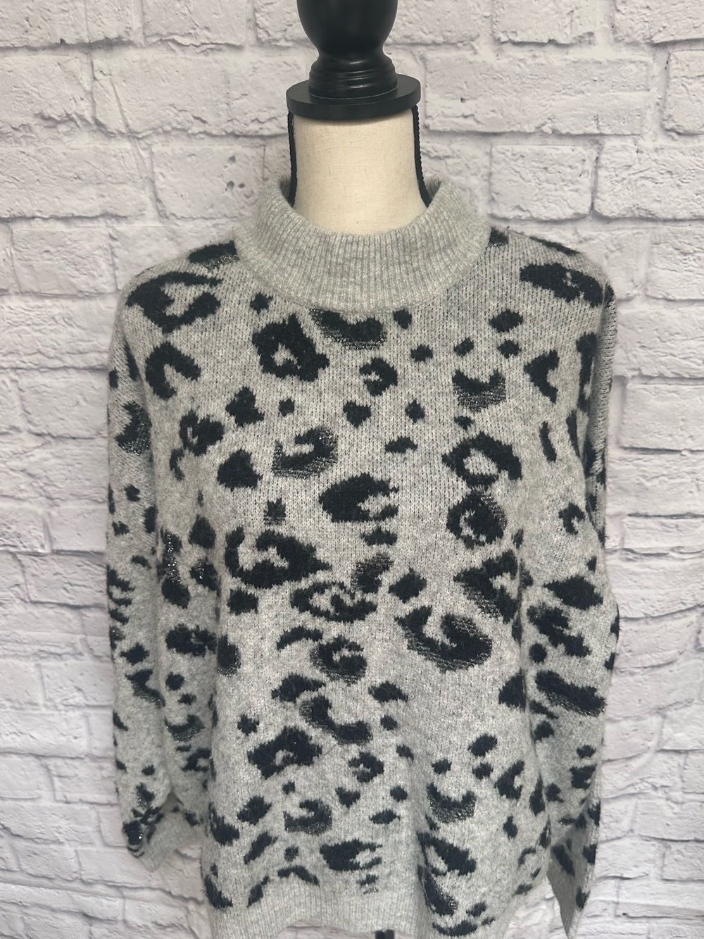 Catherine Malandrino Gray & Black Leopard Mock Neck Sweater